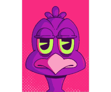 a purple cartoon bird with green eyes and a pink beak