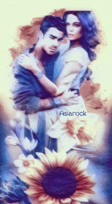 a painting of a man and woman hugging with asiarock written on the bottom right