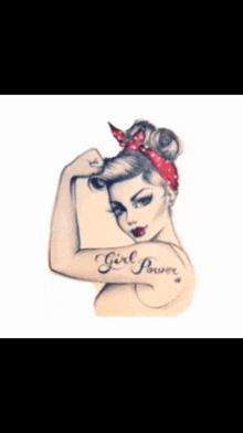 a drawing of a woman with a red bandana and the words girl power on her arm