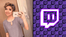 a woman taking a selfie next to a purple background with the twitch logo