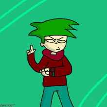 a drawing of a boy with green hair and the name dani dot on the bottom right