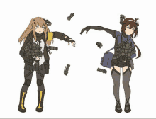 a drawing of a girl holding a grenade and another girl holding a briefcase