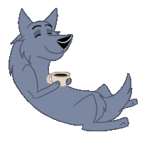 a cartoon wolf is holding a cup of coffee and smiling