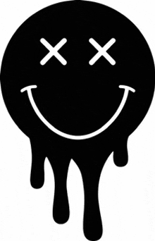 a black and white dripping smiley face with crossed eyes and a smile .