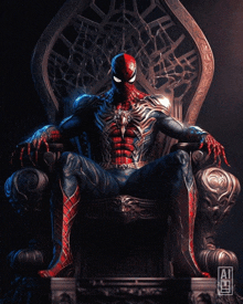 a statue of spider-man sitting on a throne with the letter a on the bottom