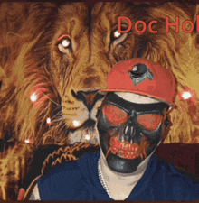 a man wearing a skull mask and a hat with the word doc on it