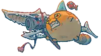 a cartoon drawing of a fish with a gun and a fish behind it