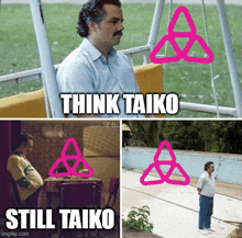 a man is sitting on a swing with the words think taiko still taiko