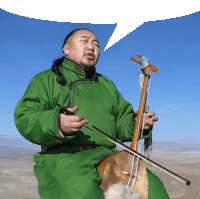 a man in a green outfit playing a violin with a speech bubble above him