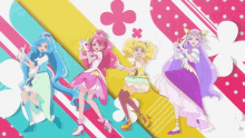 a group of four anime girls are standing next to each other on a colorful background