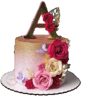 a pink and gold cake with a letter a on top