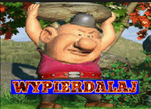 a cartoon character is holding a large rock over his head with the words wypierdalaj written below him