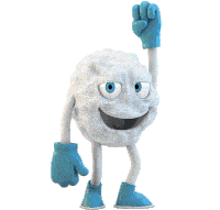 a cartoon character with blue gloves and feet is smiling and waving