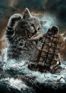 a cat is attacking a boat in the ocean