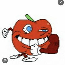 a cartoon drawing of an apple with arms and legs holding a boxing glove