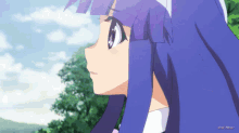 a close up of a girl with purple hair and a blue sky in the background with a few clouds