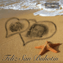 a drawing of two hearts on a beach with the words feliz san buhotin