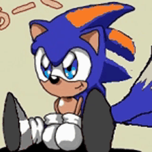 a drawing of a blue and orange sonic the hedgehog sitting down