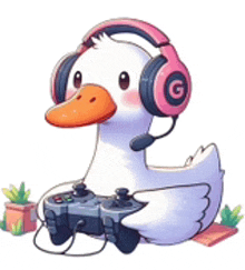 the duck is wearing headphones and holding a video game controller .