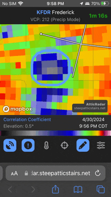 a phone screen shows a map of kfdr frederick with a correlation coefficient of 0.5 degrees