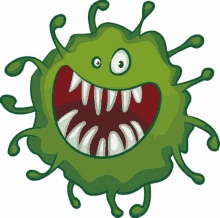 a cartoon illustration of a green monster with big teeth and a big mouth .