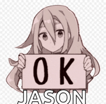 a girl is holding a sign that says `` jason '' .