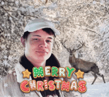 a merry christmas card with a picture of a man and a reindeer