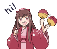 a sticker of a girl in a kimono holding two fans and saying hi