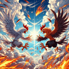 two roosters are standing next to each other in the clouds