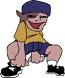 a cartoon of a boy wearing a yellow shirt and blue shorts is squatting down and smiling .