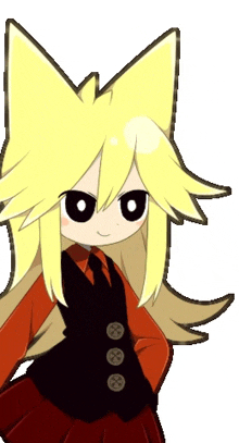 a cartoon girl with yellow hair and black eyes is wearing a black vest and a red skirt .