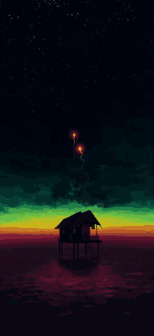 a small house on stilts in the middle of the ocean at night