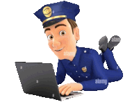 a cartoon police officer is laying on the floor using a laptop