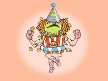 a cartoon drawing of a popcorn character wearing a party hat and pink boots