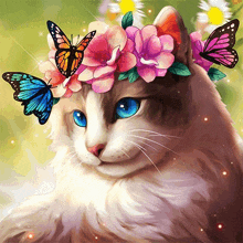 a cat wearing a flower crown with butterflies on it 's head