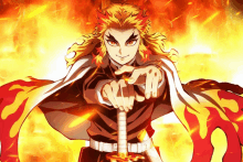 a man with long red hair is holding a sword in front of a fire background