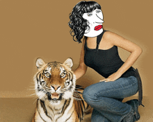 a woman kneeling next to a tiger with a face drawn on her face