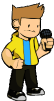 a man in a yellow shirt is holding a microphone in his right hand .