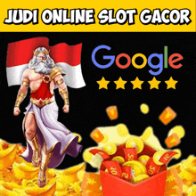 a poster for judi online slot gacor with a statue of zeus and a google logo