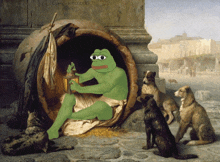 a painting of a frog sitting in a barrel with dogs