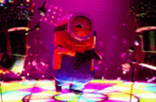 a minion is dancing on a disco floor