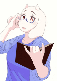 a drawing of a woman with horns and glasses holding a book