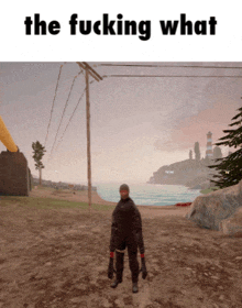 a man in a wet suit is standing on a beach with the words the fucking what above him