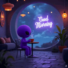 a purple alien is sitting at a table with a cup of coffee and a neon sign that says good morning