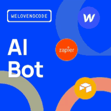 a blue background with welovenocode ai bot and zapier logos