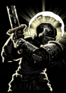 an illustration of a knight holding a sword in his hands