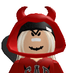 a girl in a red hoodie with horns on her head