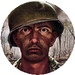 a painting of a soldier wearing a helmet with a serious look on his face