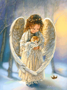 a painting of a little girl with angel wings holding a kitten