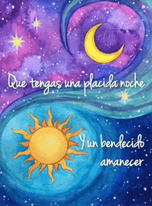 a painting of the sun and moon with spanish writing